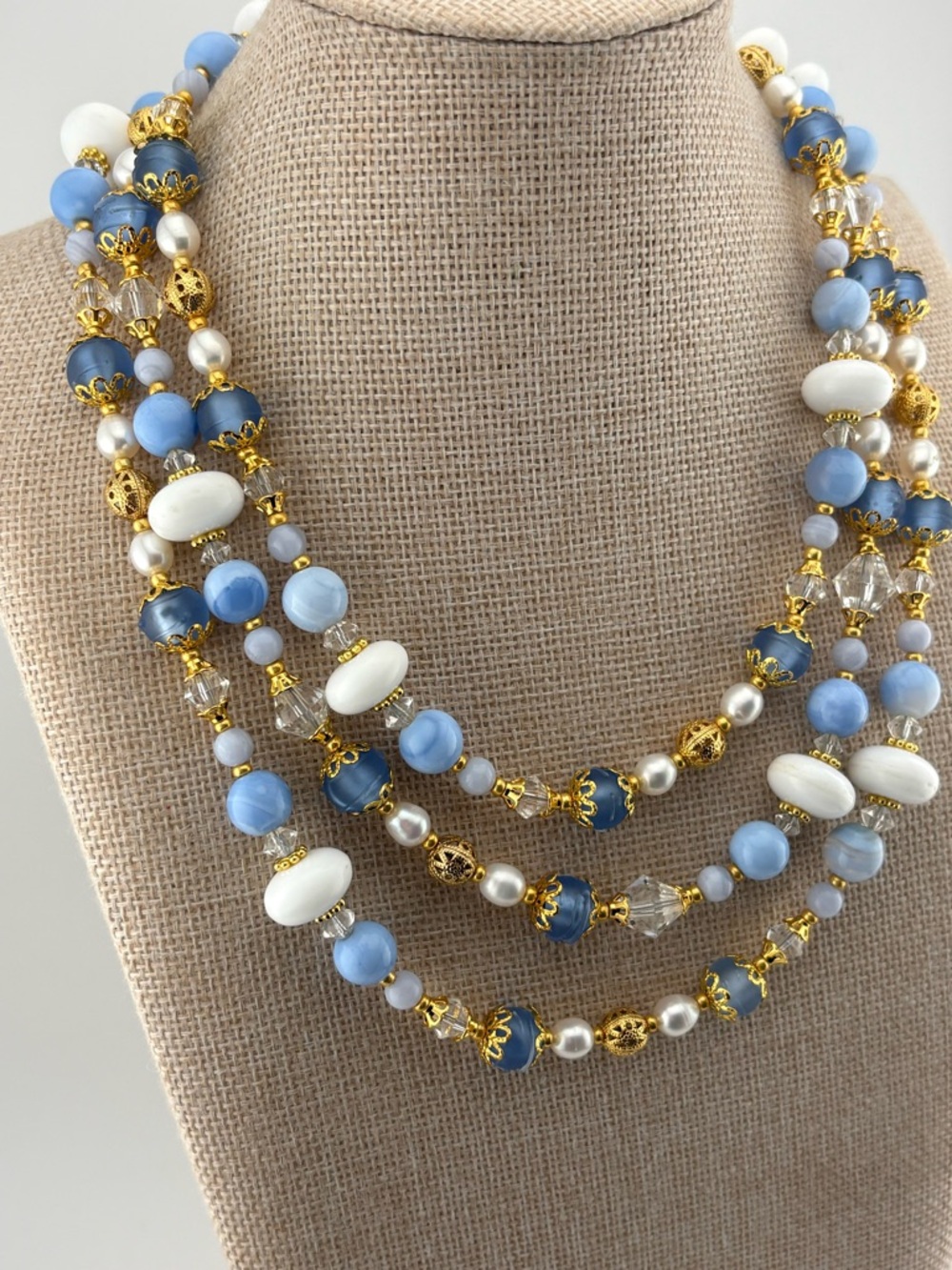 Opera Length Milk Glass Blue Lace Agate, Lamp-work and Czech glass - Picture 2 of 5